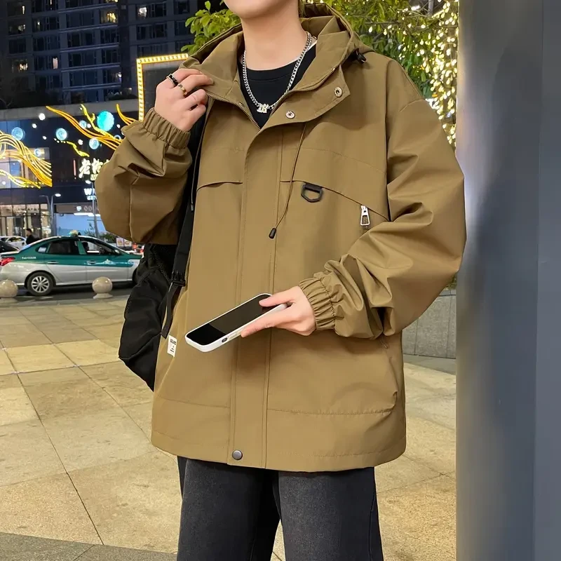 HE连帽冲锋衣外套男士春秋季新款咖啡色潮牌工装休闲男生夹克