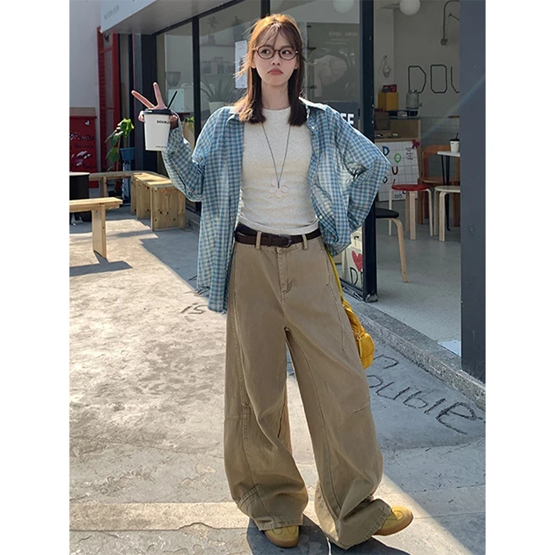 美式高街卡其色直筒牛仔裤女春季高腰宽松设计感时尚百搭阔腿长裤