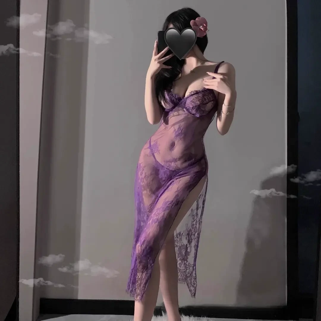 【紫色韵味】2025新款性感吊带睡裙睡衣女纯欲蕾丝网纱美背镂空长款
