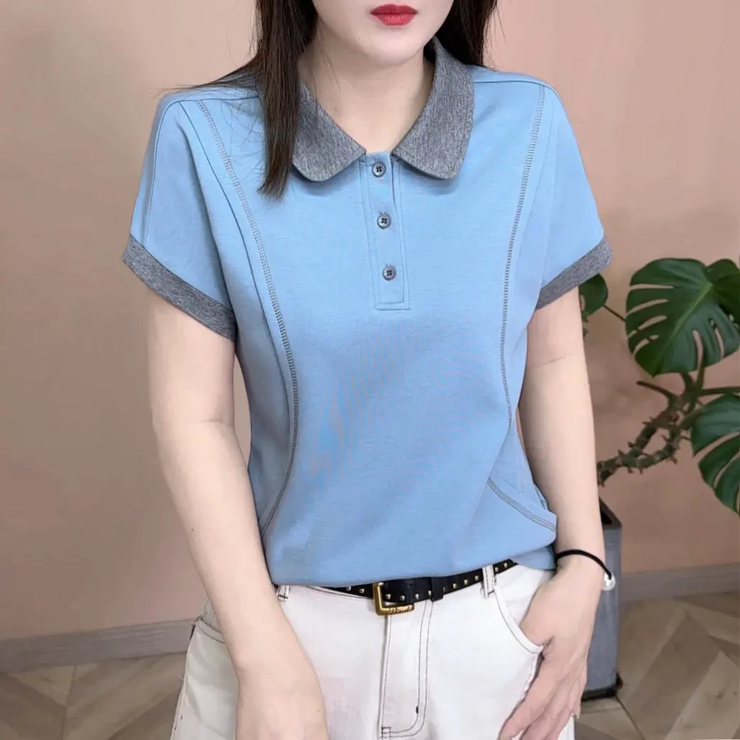 2025春夏款新品时尚百搭修身显瘦休闲纯色POLO领女士短袖上衣7930