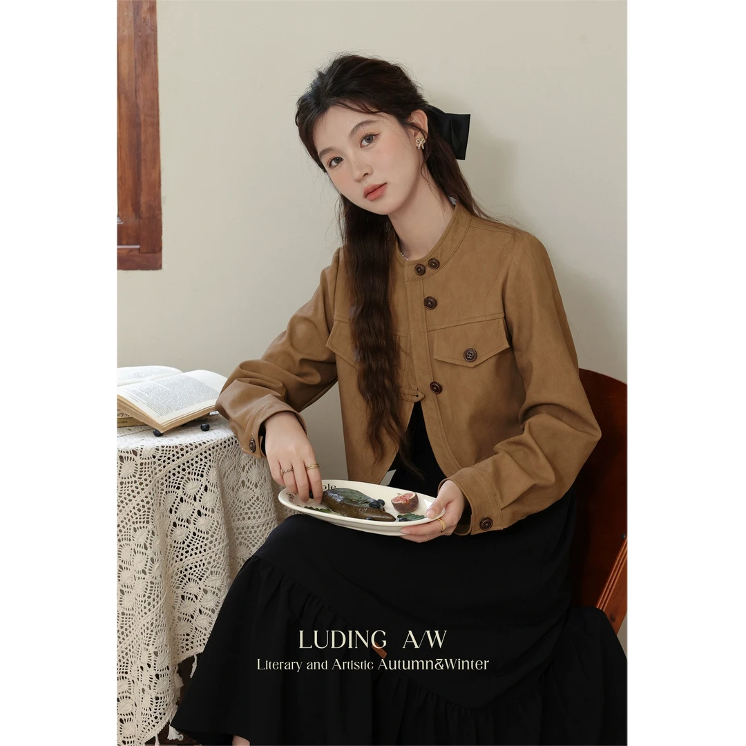 【鹿盯盯】微胖大码美拉德皮衣外套新款胖mm时尚套装连衣裙DM00103