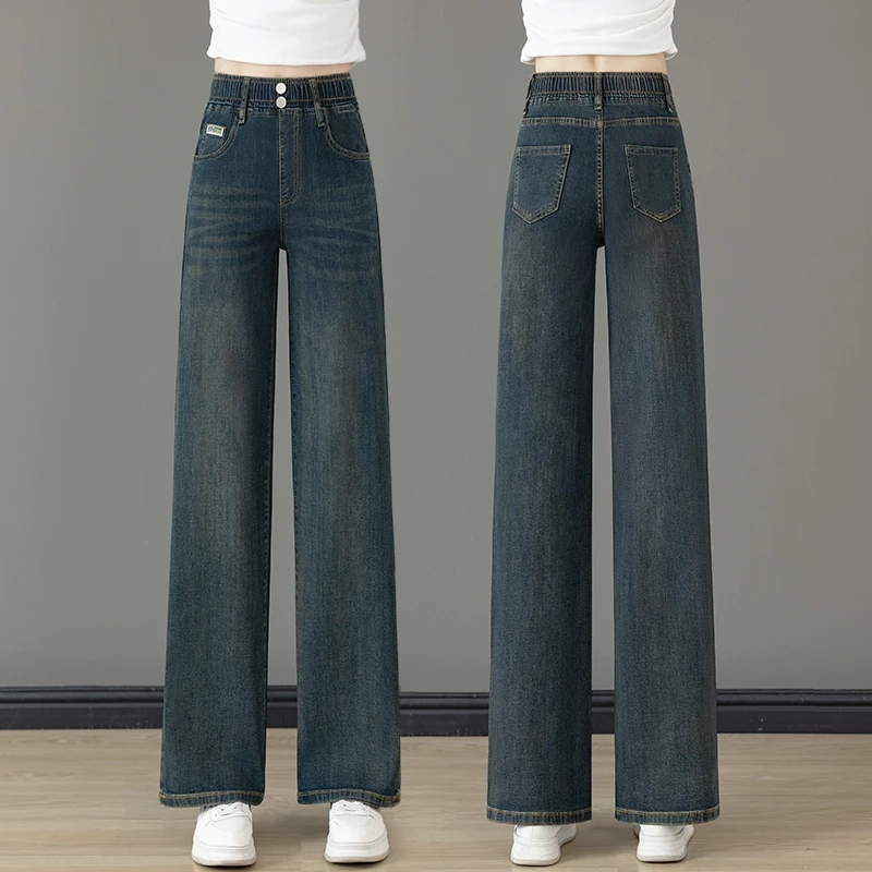 复古窄版松紧腰直筒牛仔裤女2025春季新款胖妹妹小个子窄版阔腿裤
