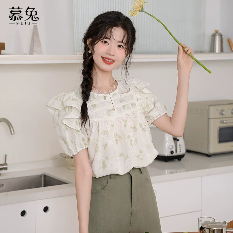 慕兔法式小清新碎花短袖衬衫女2024夏季新款设计感小众荷叶边上衣