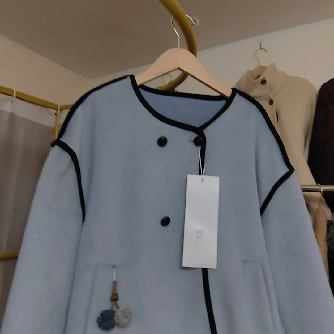 短款秋冬季双排扣厚款圆领短外套拼接大衣百搭上衣