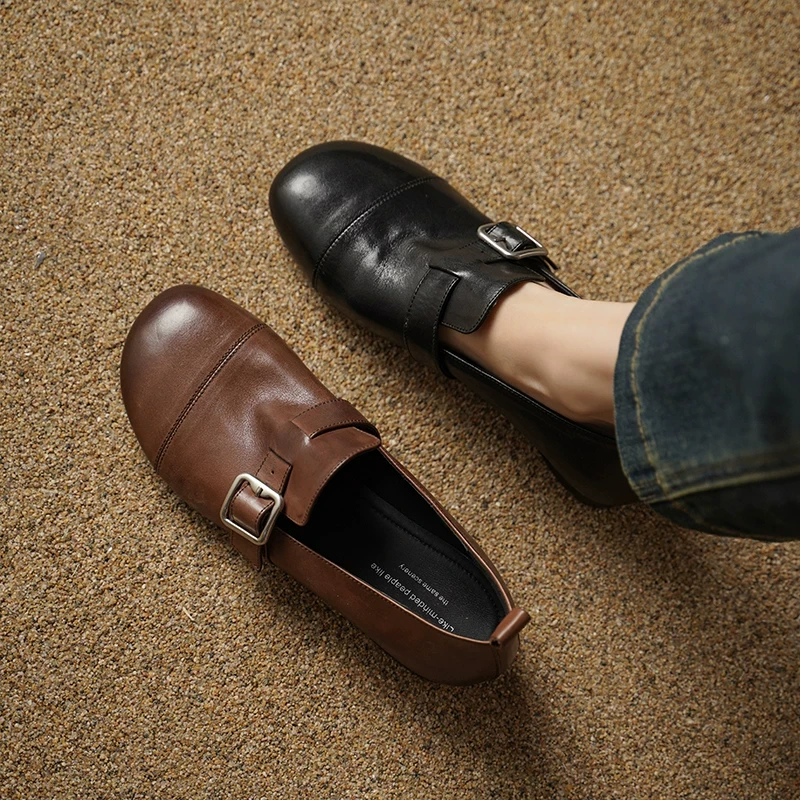 2.5cm头层牛皮~怀鸢手工新款真皮单鞋女复古小皮鞋一脚蹬博肯鞋子