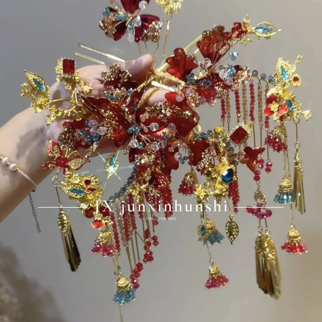 君心家 f4金红蔚蓝撞色发钗九件套新娘中式秀禾饱满头饰