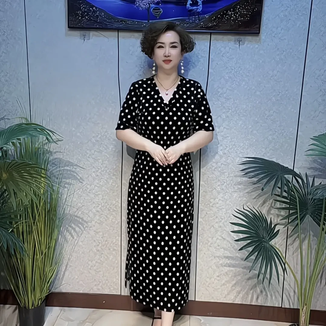 681V领波点连衣裙高档丝绒气质连衣裙显瘦侧开叉宽松轻奢设计宽松