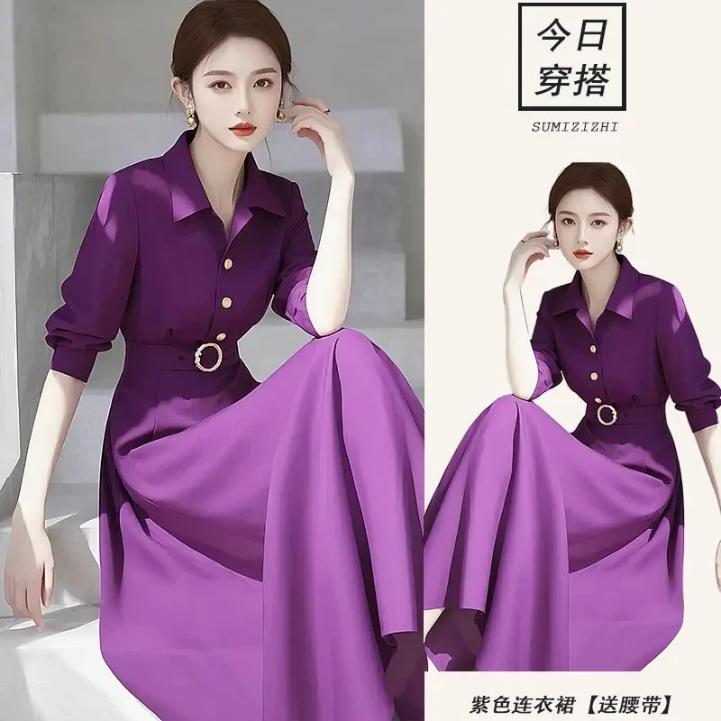开春韩系穿搭紫色Polo衬衫收腰连衣裙2025新款知识分子绝美裙子女