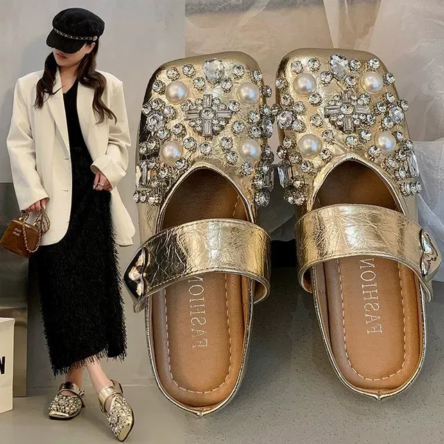 包头半拖鞋女外穿2025年新款夏季凉拖包头平底玛丽珍水钻复古鞋子