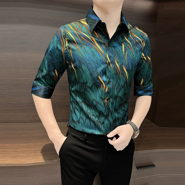 印花短袖衬衫夏季男款痞帅高级感2025新款男式冰丝七分中袖花衬衣