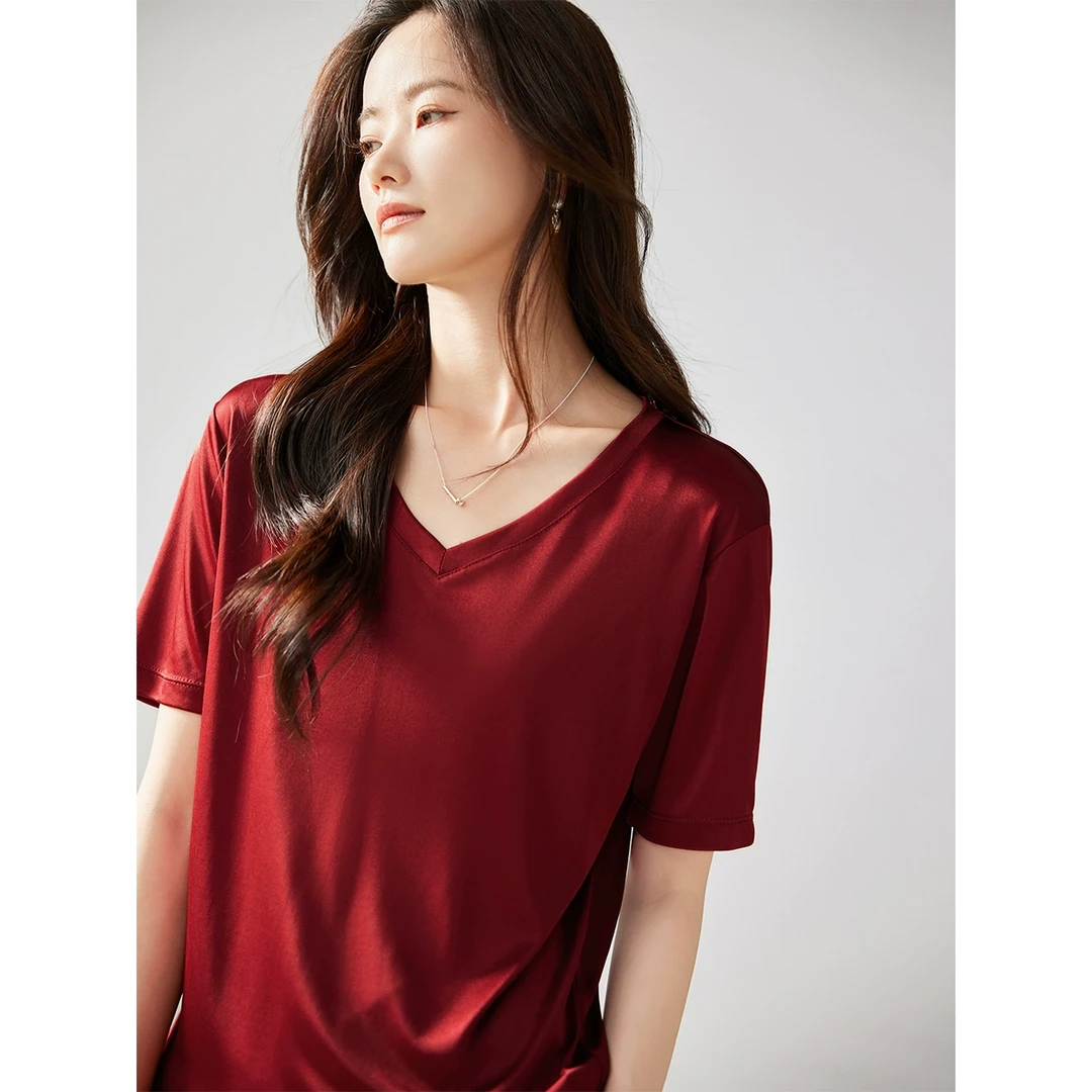 醋酸V领短袖t恤女夏装2024新款欧货宽松半袖时尚洋气显瘦休闲上衣