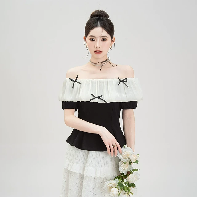 妮茨维黑色一字肩蝴蝶结拼接短袖T恤女夏季新款收腰雪纺小衫上衣