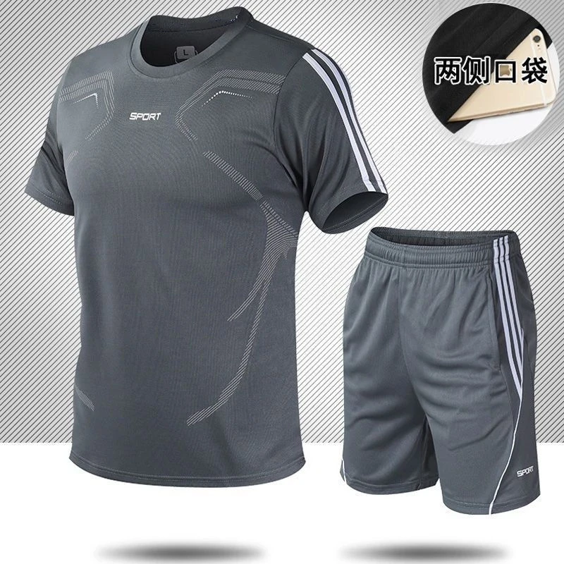 雅鹿男装男士夏季休闲跑步T恤短裤中年速干健身套装羽毛球训练服