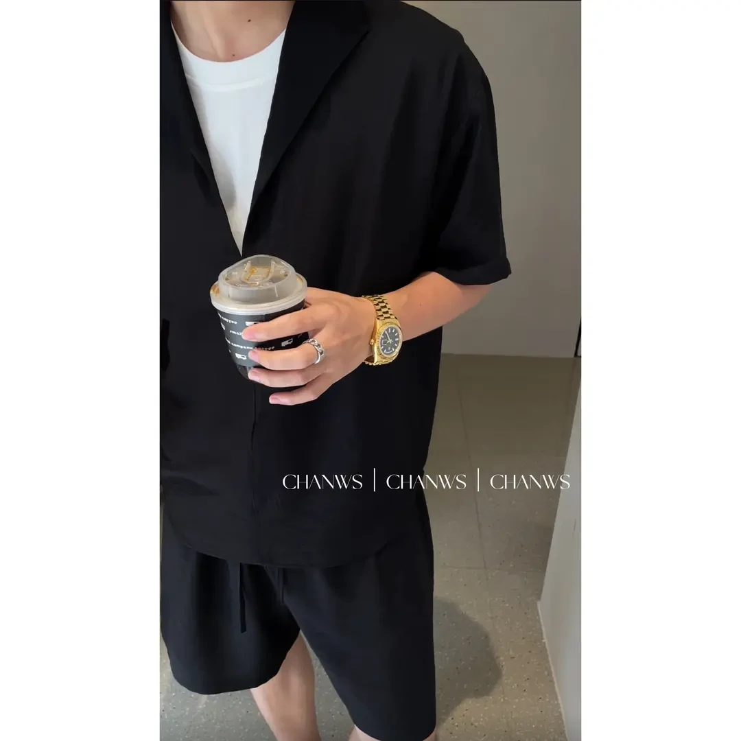 2025夏装高级感老钱风夏季假两件亚麻套装男高级感衬衫套装