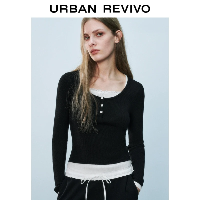 UR2025秋季新款女装假两件撞色拼接设计感针织衫UYY950015