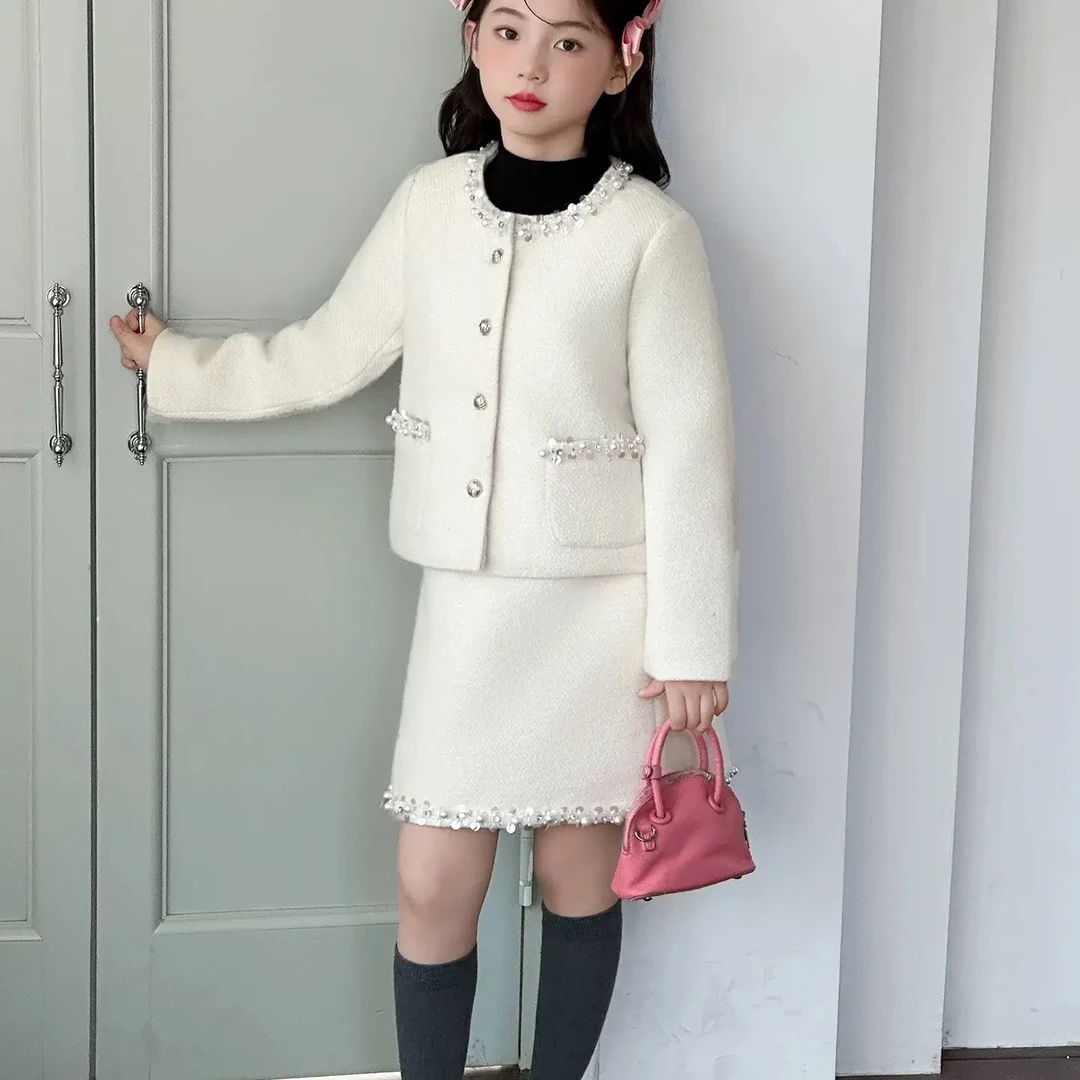 879-mochier沫弛尔女童冬季新款加绒加厚小香风毛呢套装