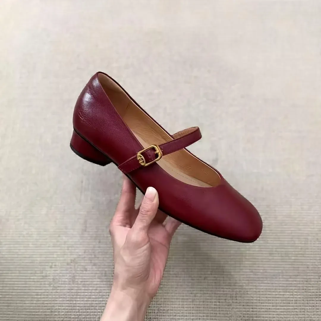 3cm圆头低跟法式浅口平跟粗跟百搭单鞋真皮鞋子复古女鞋子