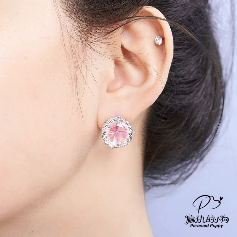 铜合金合成锆石耳饰 《初樱》糯粉色樱花花朵925纯银耳环女轻奢小众