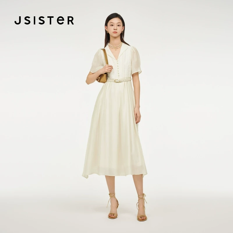 jsister 夏装新款 JS女装米色优雅别致连衣裙 S423211413