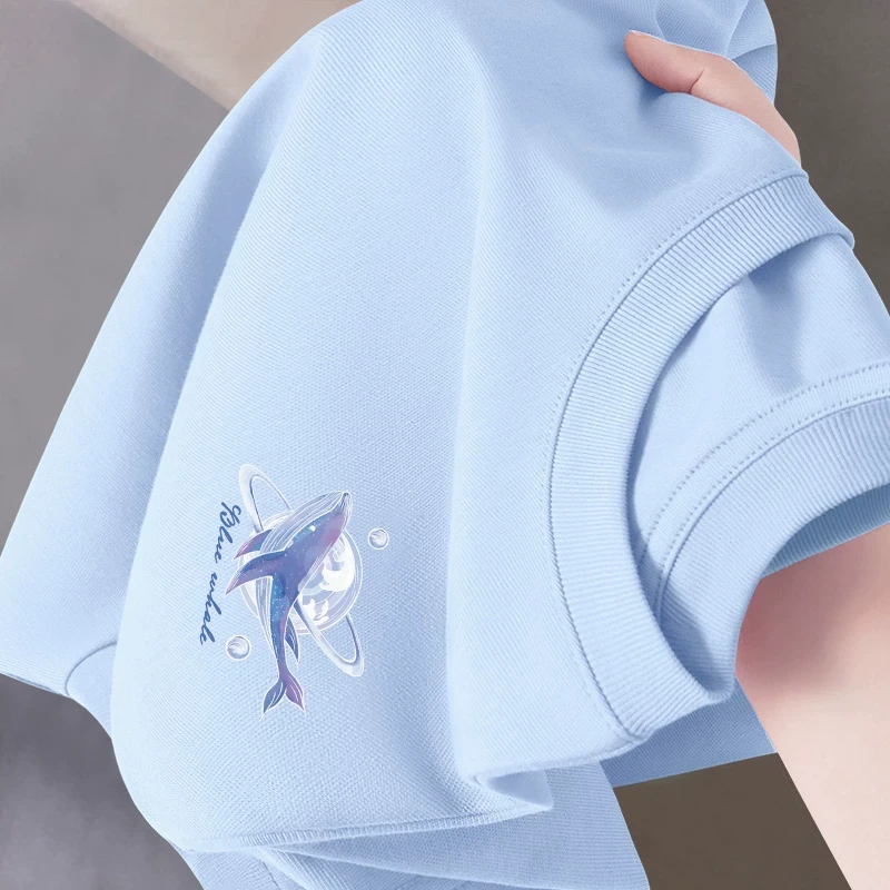 蓝色短袖T恤男显白鲸鱼青少年初中高中生小清新夏装大码半袖T恤