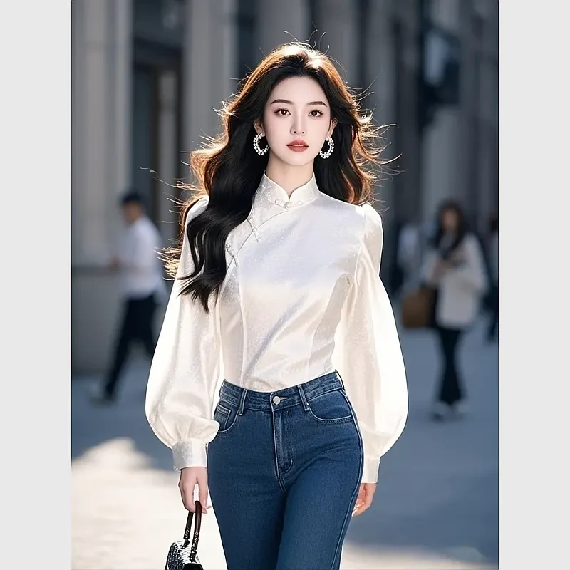新中式国风独特别致立领上衣女2025新款春季独特漂亮白色长袖衬衫