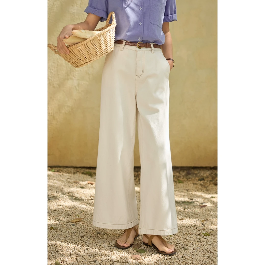 solighter法式白色高腰显瘦阔腿牛仔裤女夏季5I0505K20X2