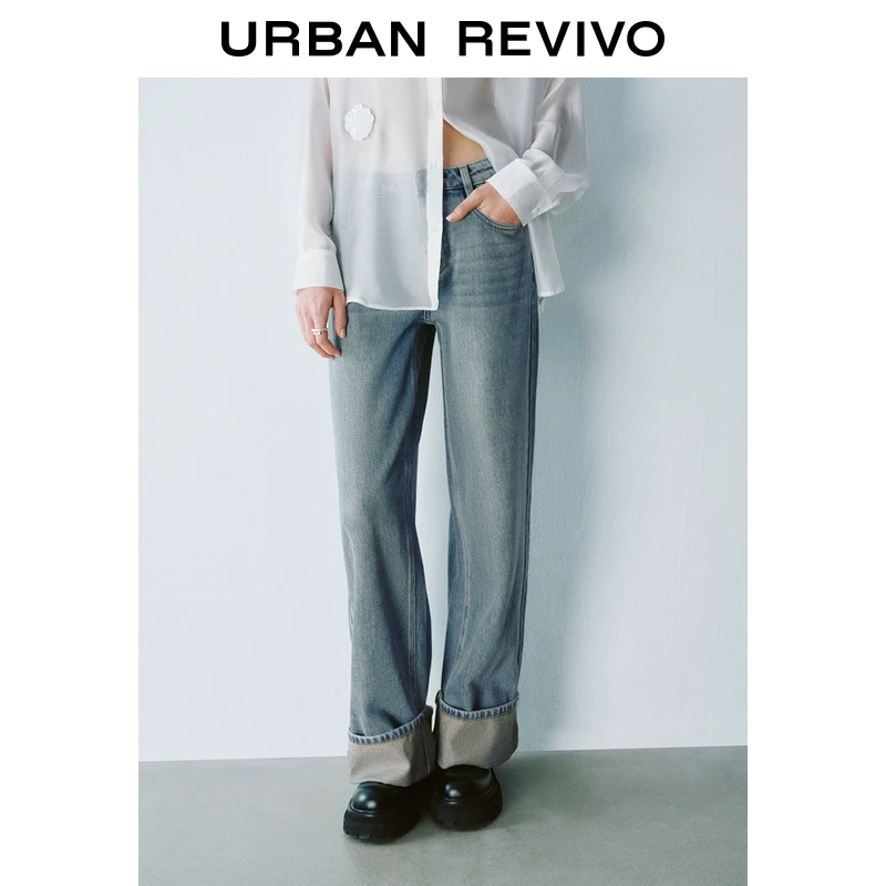 UR2025秋季新款女装复古水洗棉质翻折牛仔长裤UYY850009
