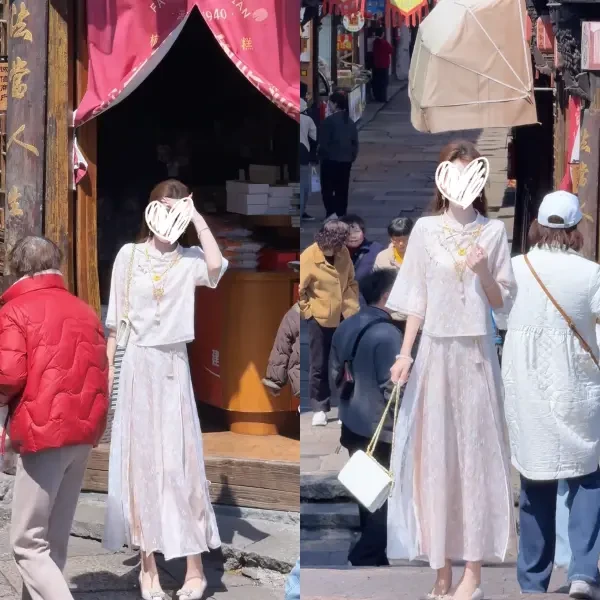 新中式国风套装女夏季新款温柔盘扣中袖上衣高腰蕾丝半身裙两件套