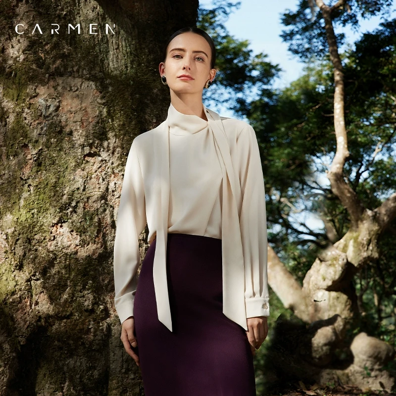 卡蔓高端品牌进口抗皱面料衬衫女长袖25早春通勤百搭飘带职业衬衣