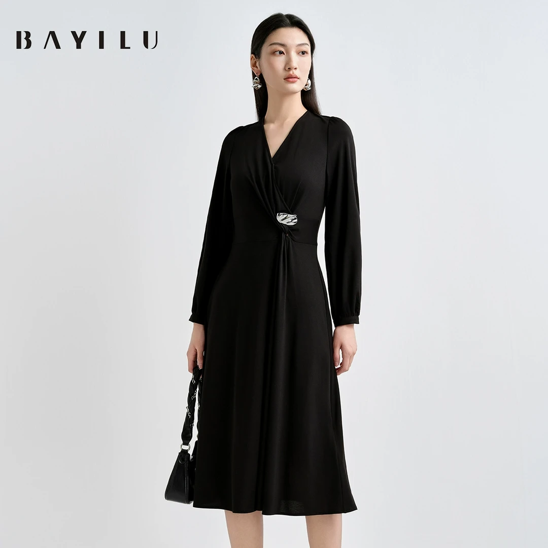 【大梦】芭依璐2025春季连衣裙女v领显瘦通勤中长裙91L7951