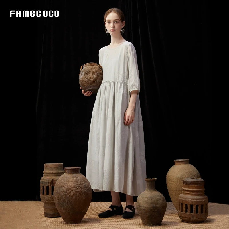 设计师品牌Famecoco禅意中式文艺丝棉刺绣宽松连衣裙FAD3FA042