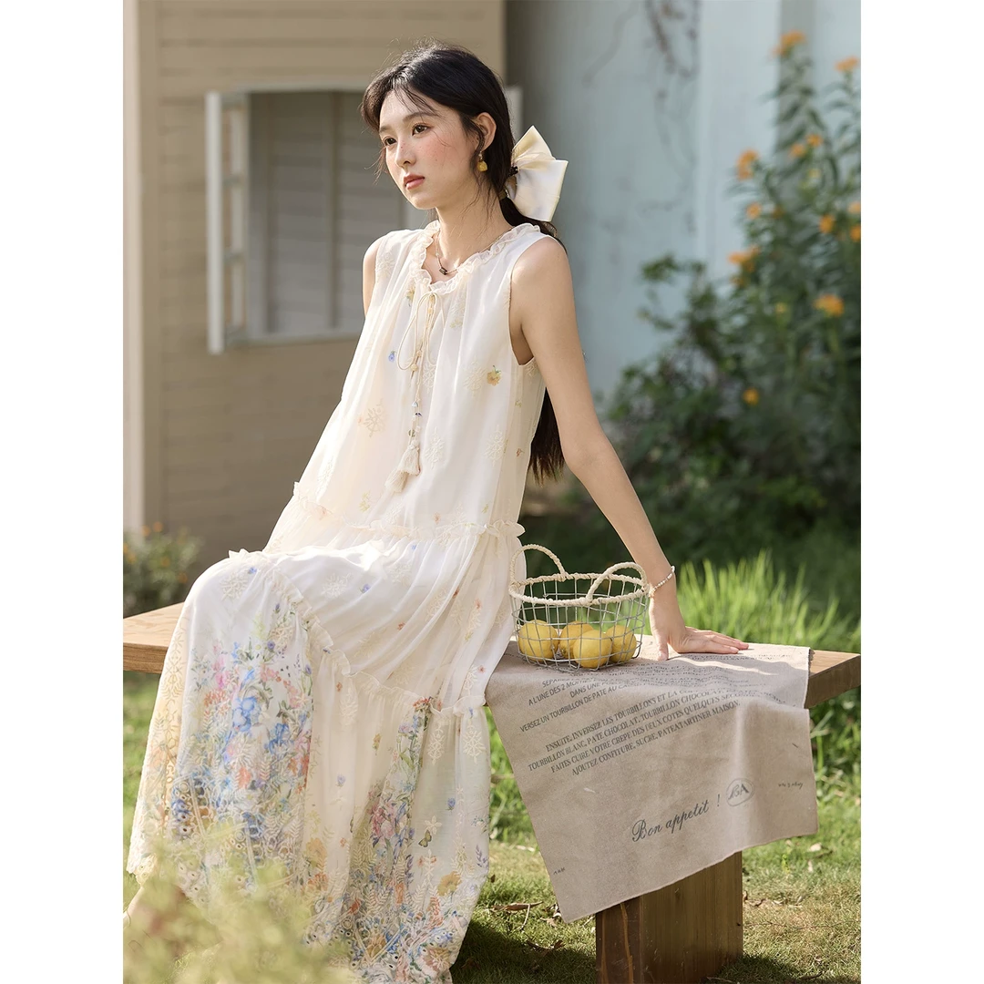 【花卉蝴蝶】谜秀新品满印重工刺绣宽松显瘦度假风长裙夏季法式女