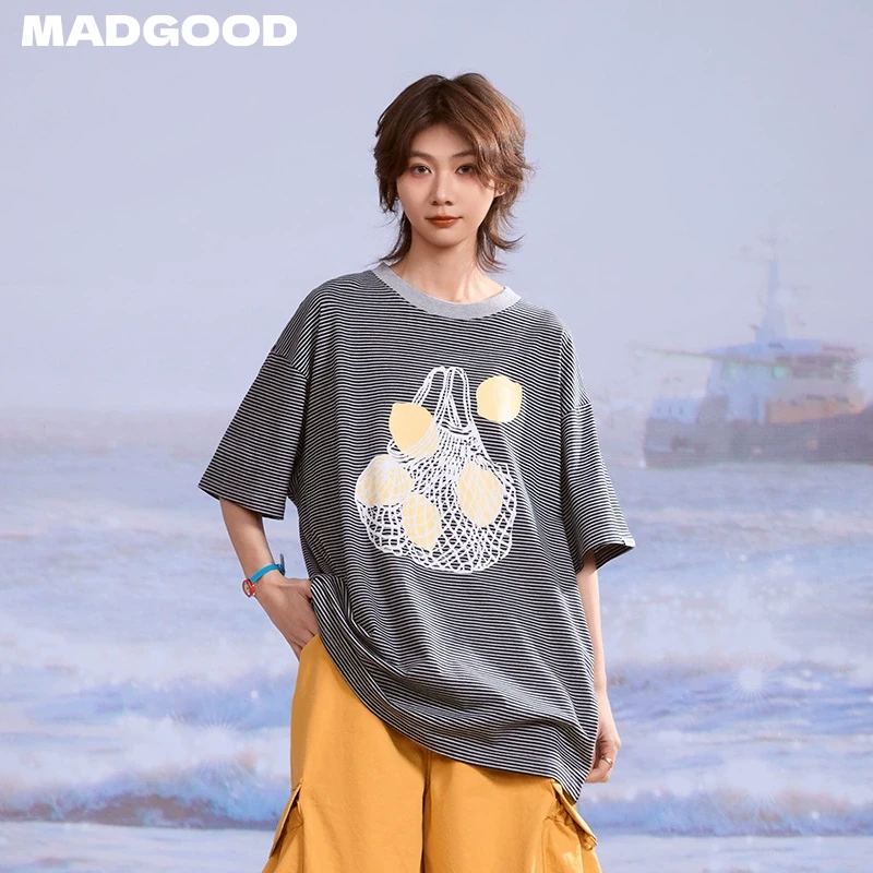madgood马得工地日系条纹撞色趣味网兜印花基础宽松T恤DX252215