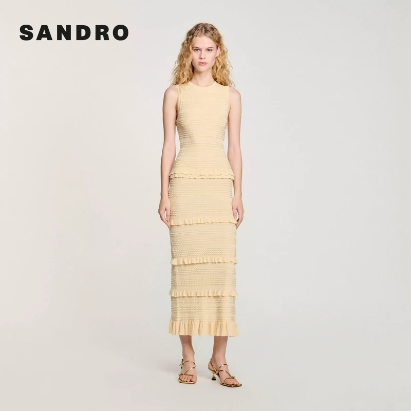 商场同款|SANDRO2025新款法式无袖圆领花边针织连衣裙SFPRO04097