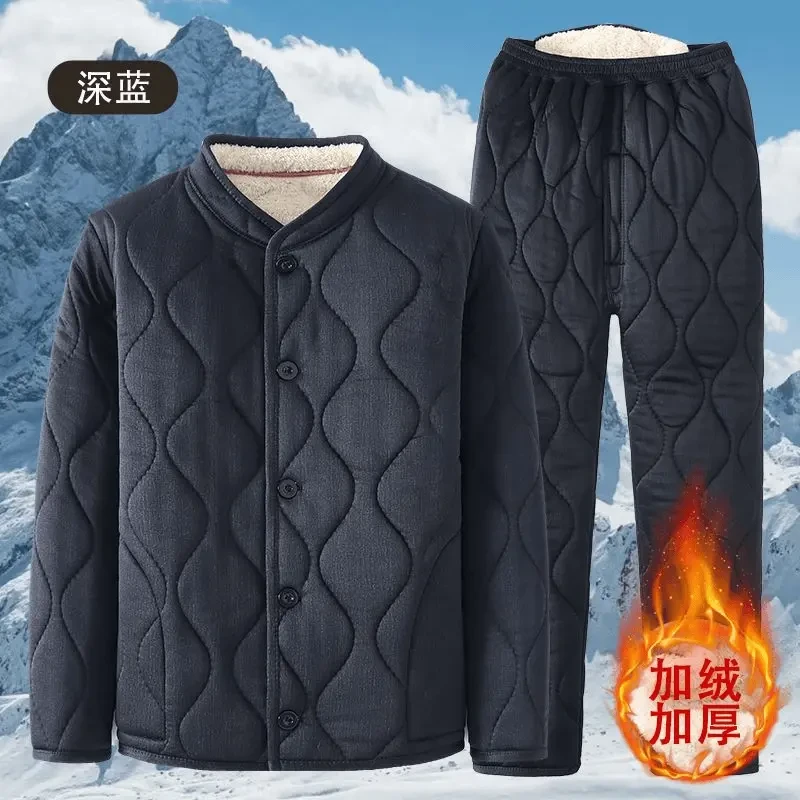 秋冬季新款中老年爷爷棉衣羊羔绒加绒加厚棉服爸爸套装保暖小棉袄