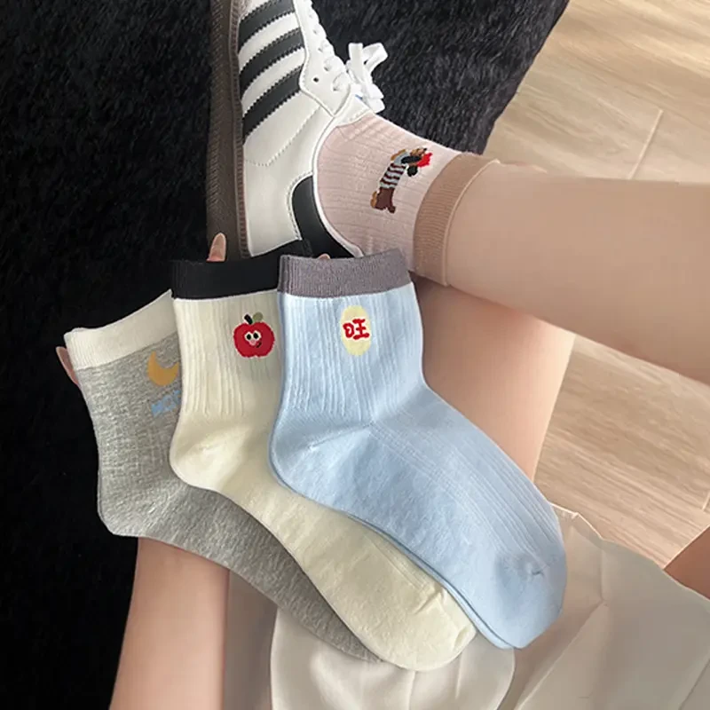 卡通小狗袜子女款2025新款春秋AB款棉袜拼色外穿配勃肯鞋中筒长袜