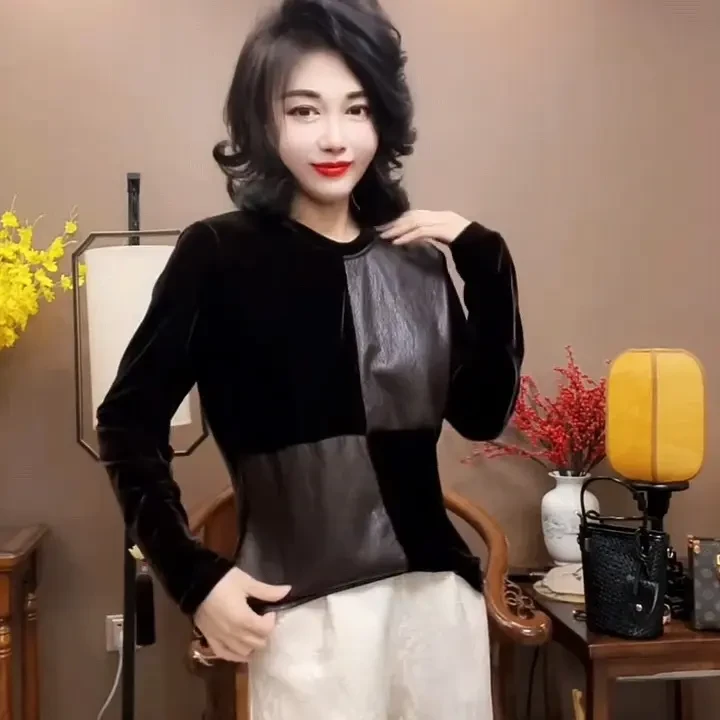 2025冬季重工时尚丝绒撞拼蛋白皮小衫欧货洋气百搭圆领长袖上衣女