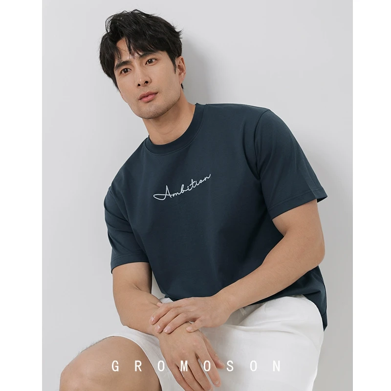 冰丝凉感 2025夏季男士休闲白色圆领短袖薄款时尚棉感刺绣T恤上衣