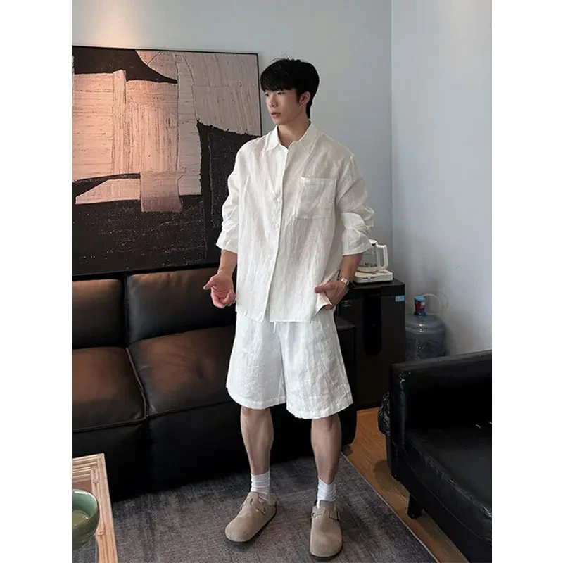 老钱风白色亚麻衬衫套装男夏季慵懒松弛感穿搭男士长袖短裤两件套
