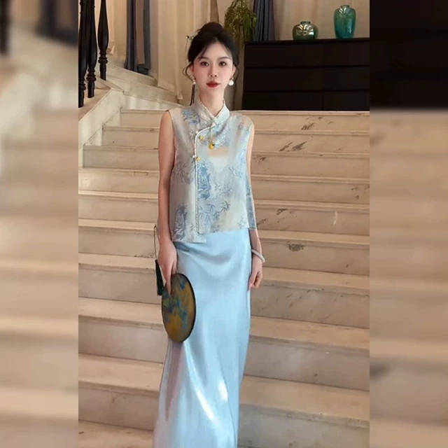 2025巨好看套装女夏大码胖MM新中式国风无袖马甲上衣半身裙两件套