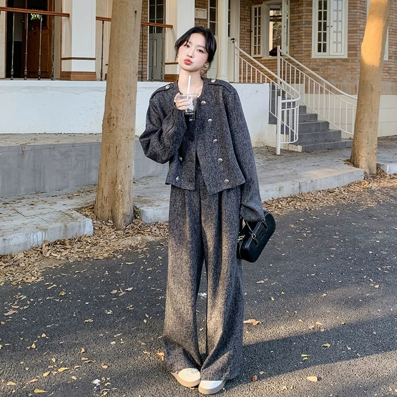 灰色小香风时尚套装女2025春秋新款高级感休闲名媛阔腿裤两件套潮