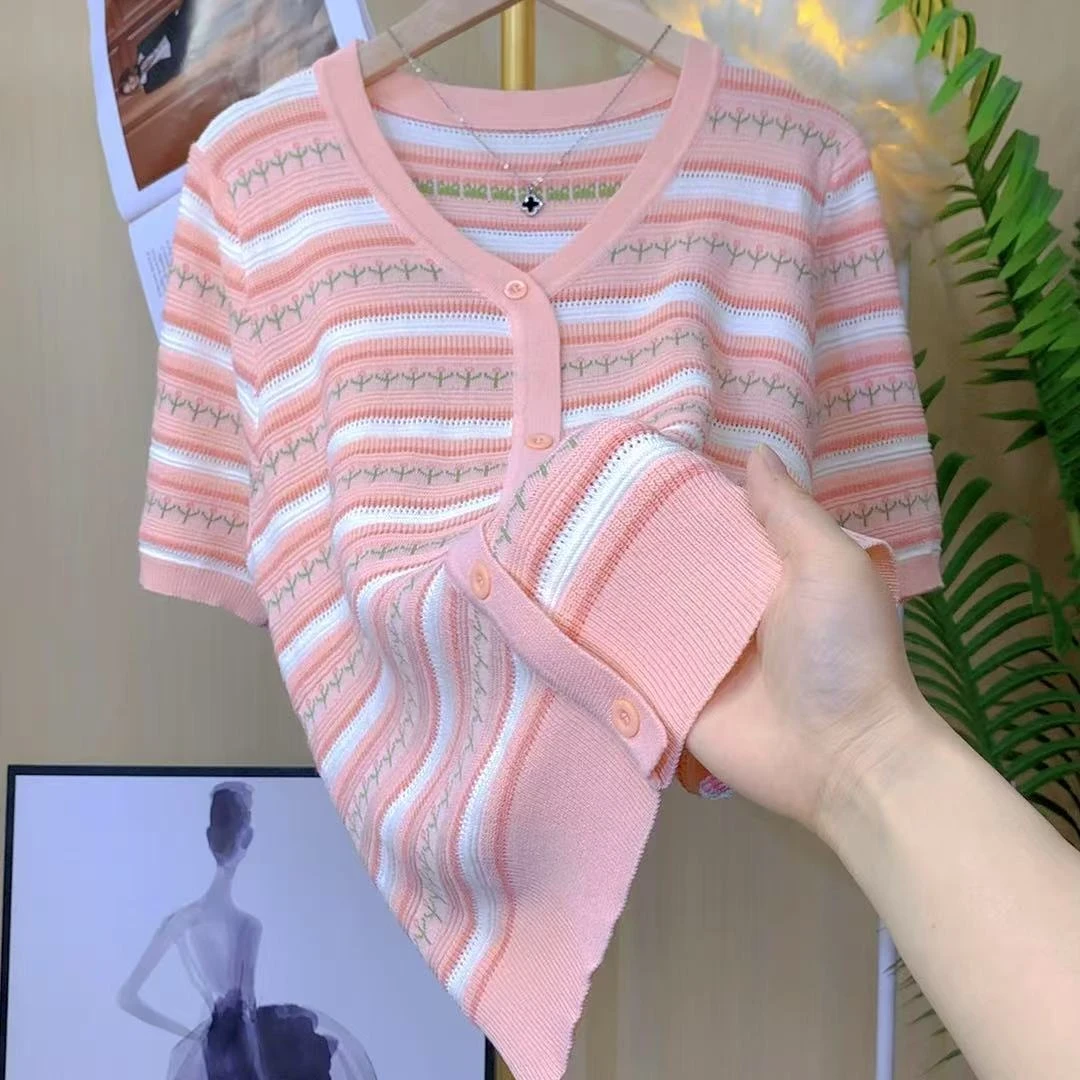 80-160斤粉色V领2025夏季新款短袖t恤衫女时髦百搭显瘦洋气上衣女