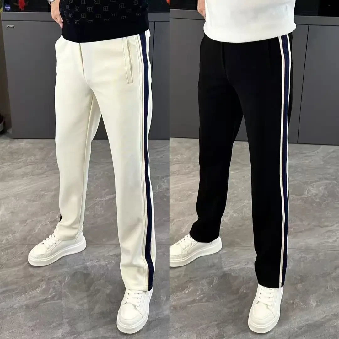 秋冬季新款高档加绒休闲裤直筒裤时尚条纹垂感运动裤男士男款长裤