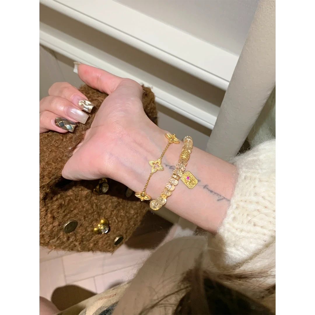 合金手链 四叶草手链微笑弯管虎眼石手绳中古拉丝气质叠戴手饰