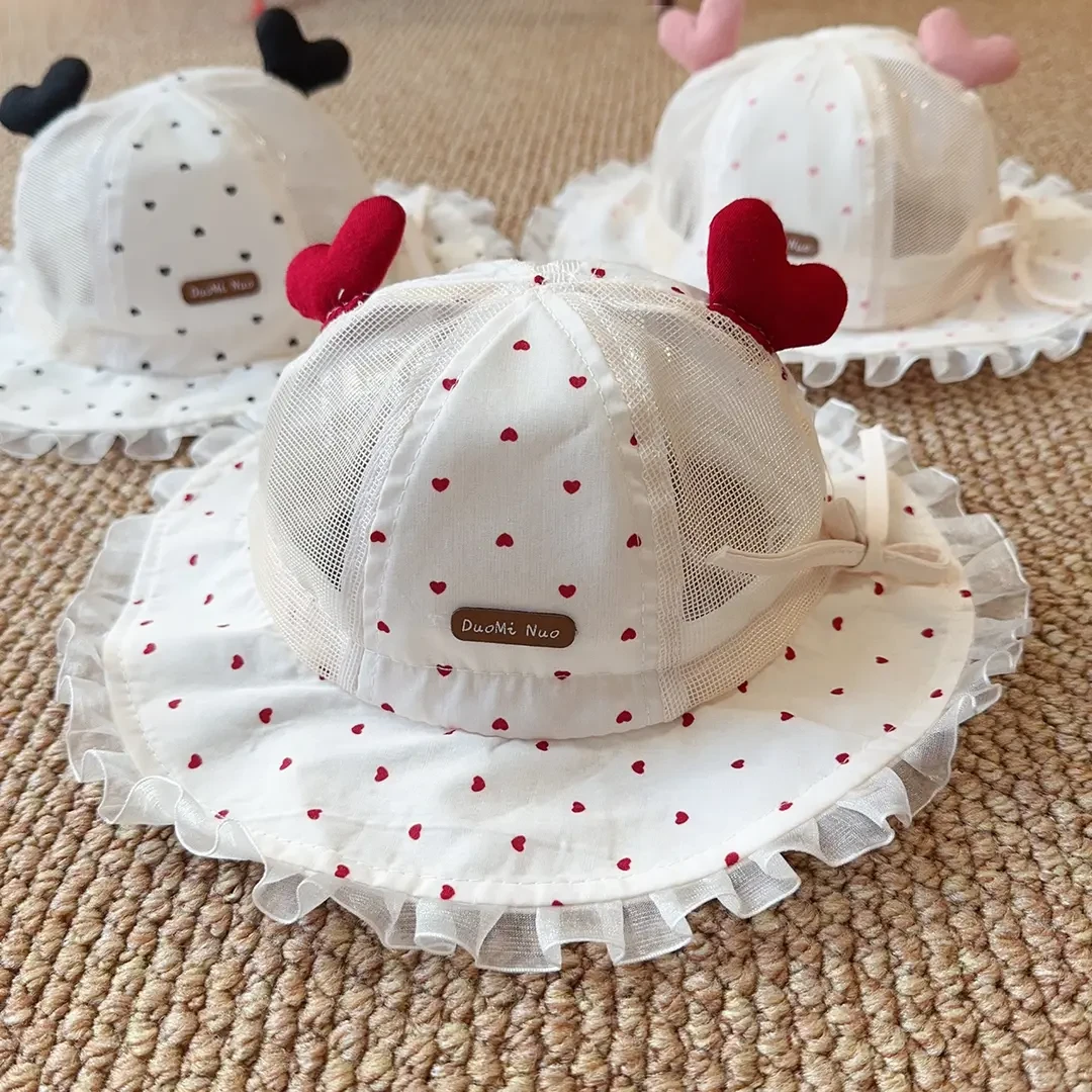 婴儿帽子夏季甜美红爱心女宝宝遮阳盆帽时髦小月龄公主防晒渔夫帽