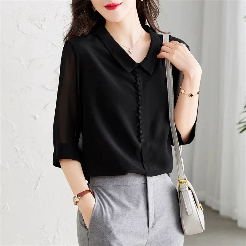 新款时尚黑色雪纺衬衫女士夏季2025显瘦减龄气质漂亮小衫中袖上衣