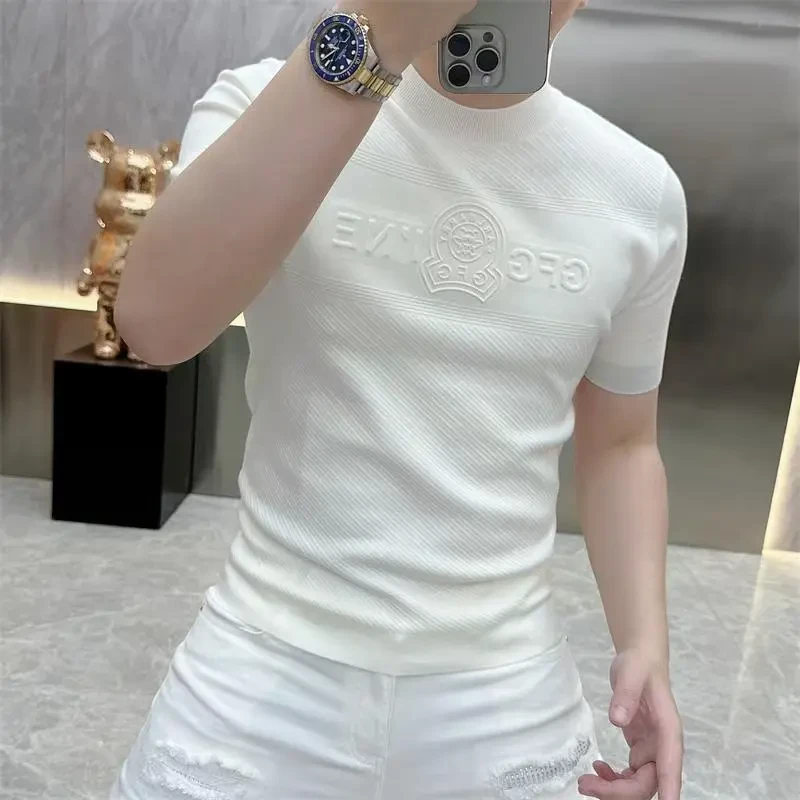 欧货轻奢男士针织冰丝短袖T恤纯色时尚夏季半袖上衣百搭修身25249