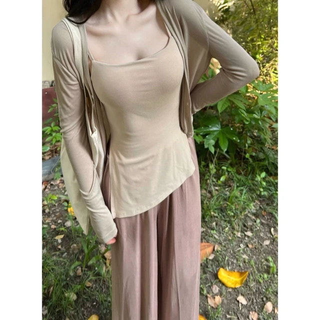 晚时光 新款带胸垫复古港风不规则斜开叉上衣自带胸垫吊带背心夏