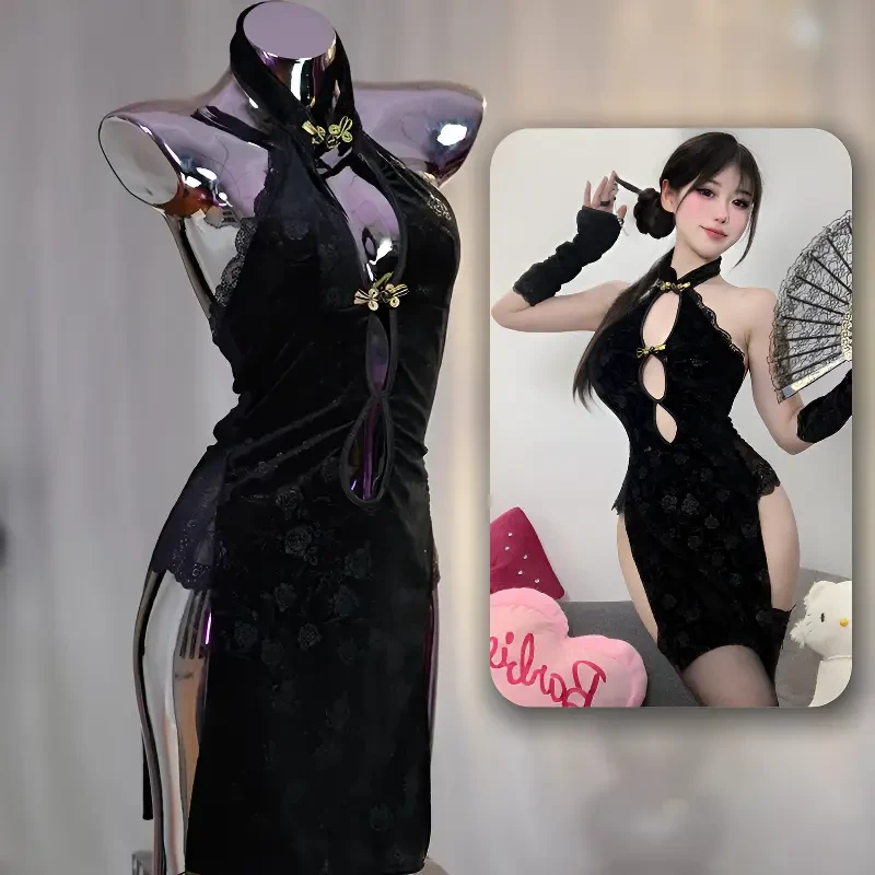 MYMX 古典高开叉旗袍诱惑复古深V民国风睡衣套装性感修身御姐显瘦