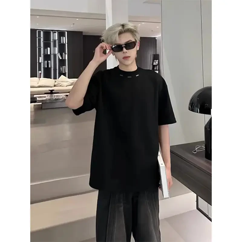 cleanfit重磅垫肩短袖男夏季金属装饰设计感小领口T恤高克重半袖